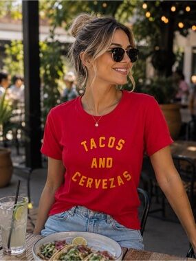 Fifth Sun Tacos & Cervezas Graphic T-Shirt Red Funny Fiesta Tee Women’s Large